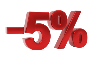 Eksi yüzde beş (- 5%) arkaplanda parlak kırmızı izole edilmiş 3D canlandırma işareti