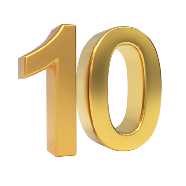 Luxury golden metallic three-dimensional number ten, digitally rendered as a premium and isolated numerical object