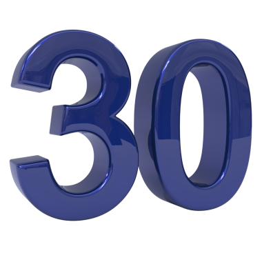 Glossy royal blue three-dimensional number thirty, digitally rendered as an isolated and prominent numerical object