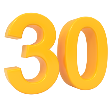 Bright yellow glossy three-dimensional number thirty, digitally rendered as a large and isolated numerical object