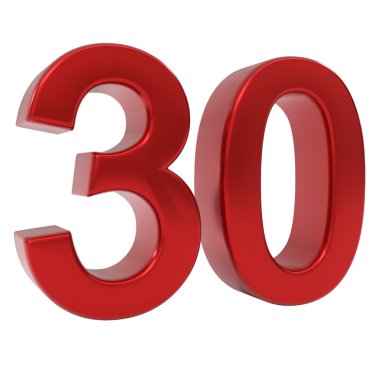 Bold red glossy three-dimensional number thirty, digitally rendered as a significant isolated numerical object