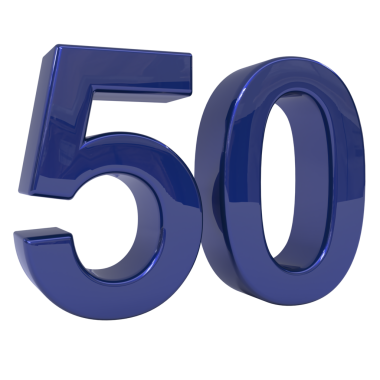 Glossy royal blue three-dimensional number fifty, digitally rendered as an isolated and prominent numerical object