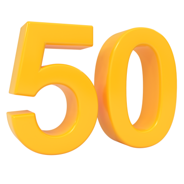 Parlak sarı, üç boyutlu, 50 numaralı, dijital olarak büyük ve izole edilmiş bir nesne.