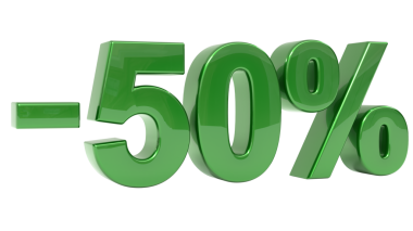 Çevre dostu bir satış için% 50 indirim sembolü olan parlak yeşil 3D renkte.