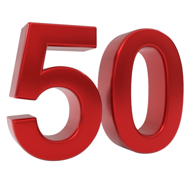 Bold red glossy three-dimensional number fifty, digitally rendered as a significant isolated numerical object