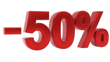 Kalın kırmızı parıltılı 3D görünüm eksi yüzde elli işareti, büyük bir fiyat indirimi ya da özel teklif anlamına gelir