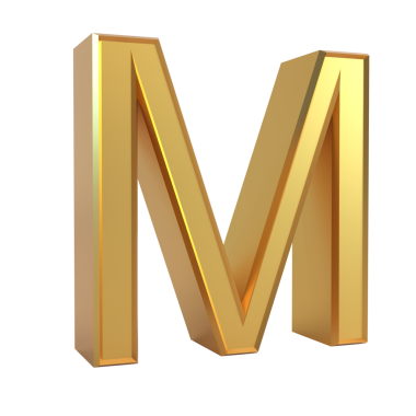 Beyaz arkaplan çiziminde izole edilmiş altın 3d büyük harf M sembolü