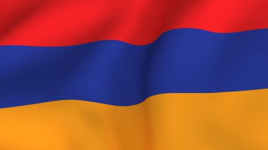 Ermenistan bayrağının üç eşit yatay kırmızı, mavi ve turuncu şeritli (kayısı) canlı, dalgalı kumaş üzerinde detaylı bir yakın çekimi