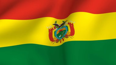 Bolivya 'nın ulusal bayrağı dalgalanıyor, yatay kırmızı, sarı ve yeşil çizgili, merkezi armalı
