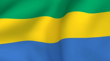 Gabon 'un ulusal bayrağına yakın plan, Afrika ülkesi, ormanın, güneşin ve denizin canlı renklerine sahip.