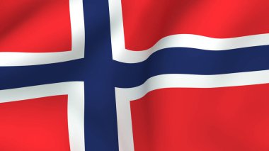 Norveç 'in ulusal bayrağının rüzgarda dalgalanması, farklı renklerin vurgulanması ve çift çizgili İskandinav haç tasarımı