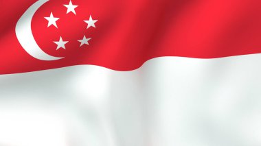 Hilal ve beş yıldızlı Singapur bayrağının canlı kırmızı ve beyaz şeritlerinin yakın çekimi