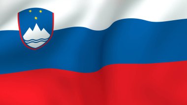 Slovenya bayrağının yakın çekimleri, ulusal arma armalı beyaz, mavi ve kırmızı çizgileri gösteriyor