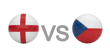 İngiliz ve Çek ulusal bayraklarıyla boyanmış iki futbol topunu 'VS' grafiği ile ayrılmış konsept görüntü.