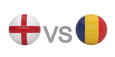 İngiliz ve Romen ulusal bayraklarıyla boyanmış iki futbol topunu 'VS' grafiği ile ayrılmış konsept görüntü.