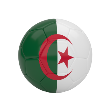 Cezayir bayrağıyla dokulu bir futbol topunun gri arka planda 3D görüntülenmesi