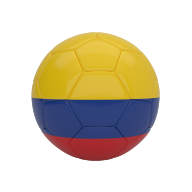 Kolombiya 'nın ulusal bayrağı desenli, gri bir arka planda izole edilmiş bir futbol topunun 3D görüntüsü.