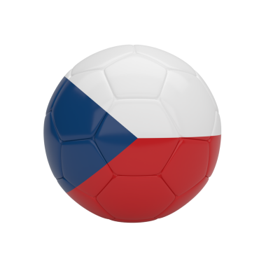 Çek Cumhuriyeti 'nin ulusal bayrağıyla desenli gri bir arka planda izole edilmiş bir futbol topunun 3D görüntülenmesi