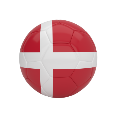Gri arka planda izole edilmiş Danimarka bayrağı ile dokulu bir futbol topunun 3D görüntülenmesi