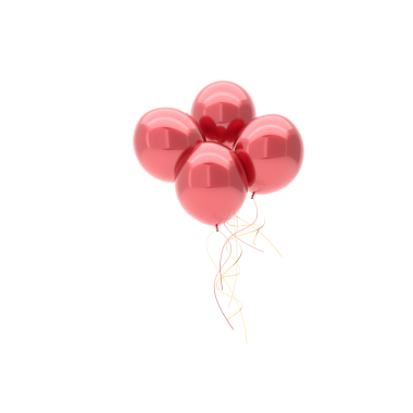 Dört parlak, yüksek yansıtıcı kiraz kırmızısı, altın ve kırmızı kurdeleli helyum balonları.