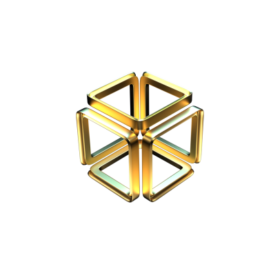 Birbirine bağlı altı parlak metalik piramitten oluşan üç boyutlu soyut küp yapısı