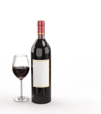 Kaliteli kırmızı şarap şişesi. İçinde boş bir etiket ve ürün sergisi için bir bardak şarap var.
