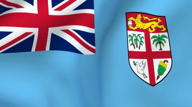 Fiji 'nin açık mavi bayrağının ayrıntılı 3D görüntülemesi ulusal armanın yer aldığı