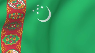 Dalgalı Türkmenistan ulusal bayrağının yüksek kalite 3D görüntüsü. İçinde beş halı boğazı bulunan kırmızı dikey çizgili yeşil bir alan var.