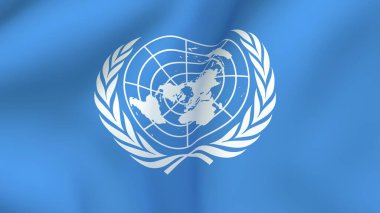 Açık mavi bir alanda beyaz amblemi taşıyan rüzgarda sallanan Birleşmiş Milletler bayrağının 3D çizimi