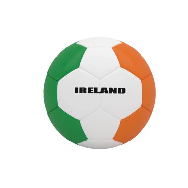 İrlanda yazılı yeşil, beyaz ve turuncu futbol topunun yüksek kalite 3D görüntüsü.