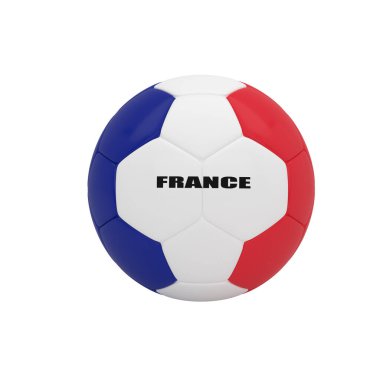 Fransa ulusal metin etiketinin yer aldığı mavi, beyaz ve kırmızı futbol topunun ayrıntılı 3D görüntüsü