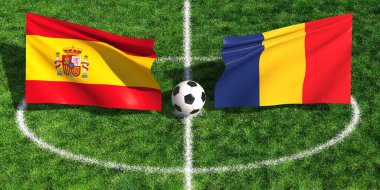 İspanya ile Romanya arasındaki uluslararası futbol karşılaşmasında bayraklar ve çim stadyumunda top