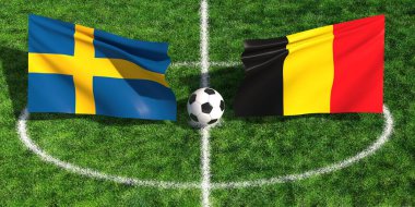 Çimenli stadyum sahasında İsveç ve Belçika bayraklarının yer aldığı uluslararası futbol maçı konsepti