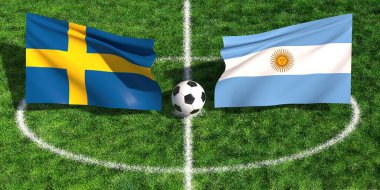 Çimenli stadyum sahasında İsveç ve Arjantin bayraklarının yer aldığı uluslararası futbol maçı konsepti