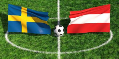 İsveç ve Avusturya 'nın çimenli stadyum sahasında bayrak salladığı uluslararası futbol maçı konsepti