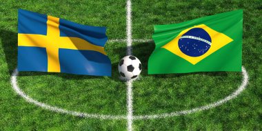 Çimenli bir stadyum sahasında İsveç ve Brezilya bayraklarının yer aldığı uluslararası futbol maçı konsepti