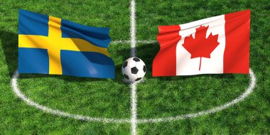 Çimenli bir stadyum sahasında İsveç ve Kanada bayraklarının yer aldığı uluslararası futbol maçı konsepti