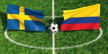 Çimenli bir stadyum sahasında İsveç ve Kolombiya bayraklarının yer aldığı uluslararası futbol maçı konsepti