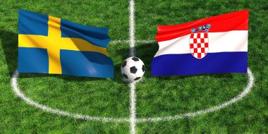 İsveç ve Hırvatistan 'ın yeşil stadyum sahasında bayrak salladıkları uluslararası futbol maçı konsepti