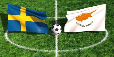 Çimenli bir stadyum sahasında İsveç ve Kıbrıs bayraklarının yer aldığı uluslararası futbol maçı konsepti