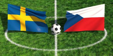 İsveç ve Çek Cumhuriyeti 'nin bir stadyum sahasında bayraklarının yer aldığı uluslararası futbol maçı konsepti