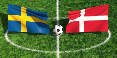 Stadyumun yeşil çimlerinde İsveç ve Danimarka bayrakları arasına yerleştirilmiş bir futbol topu.