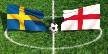 Stadyumun yeşil çimlerinde İsveç ve İngiliz bayrakları arasına yerleştirilmiş bir futbol topu.