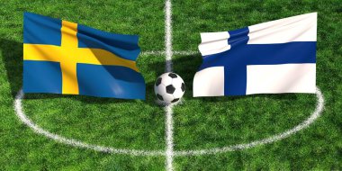 Çimenli bir spor sahasında futbol topunun üzerinde sallanan İsveç ve Fin bayraklarının yüksek açılı görüntüsü