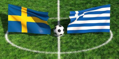 Çimenli bir spor sahasında futbol topunun üzerinde sallanan İsveç ve Yunan bayraklarının yüksek açılı görüntüsü