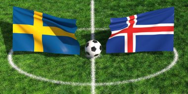 İsveç ve İzlanda bayraklarının çimenli bir spor sahasında futbol topunun üzerinde sallanışının yüksek açılı görüntüsü