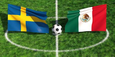İsveç ve Meksika bayraklarının çimenli bir spor sahasında bir futbol topunun üzerinde sallanışının yüksek açılı görüntüsü