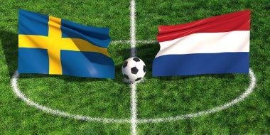 Çimenli bir spor sahasında futbol topunun üzerinde sallanan İsveç ve Hollanda bayraklarının yüksek açılı görüntüsü