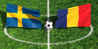 Çimenli bir spor sahasında futbol topunun üzerinde sallanan İsveç ve Romanya bayraklarının yüksek açılı görüntüsü