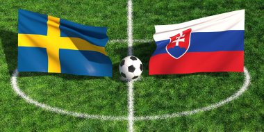 İsveç ve Slovakya bayraklarının çimenli bir spor sahasında futbol topunun üzerinde sallanışının yüksek açılı görüntüsü